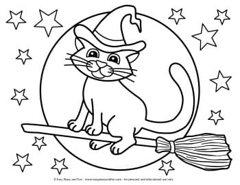 Cat On A Witches’ Broom Coloring Page