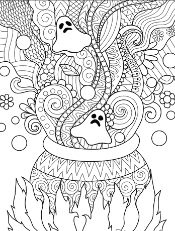 Cauldron With Ghosts Intricate Coloring Sheet Coloring Page