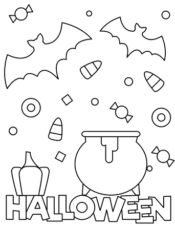 Cauldron With Bats and Candy Halloween Sign Image For Kids Coloring Page