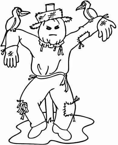 Crows On A Scarecrow For Kids Coloring Page