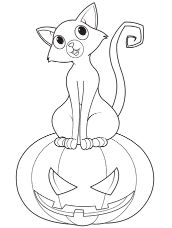Cute Cat on Carved Pumpkin Image For Children Coloring Page