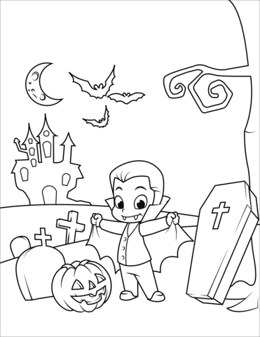 Cute Count Dracula In The Cemetery Coloring Page