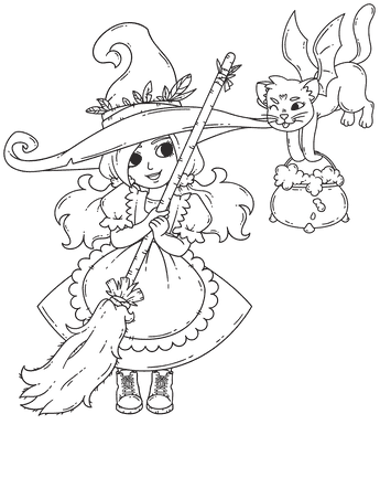Cute Halloween Fairy & Flying Cat Image Coloring Page
