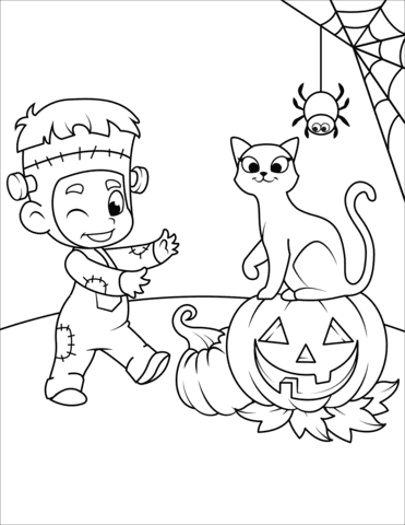 Cute Kid in Frankenstein Costume With A Cat and Jack O’Lantern