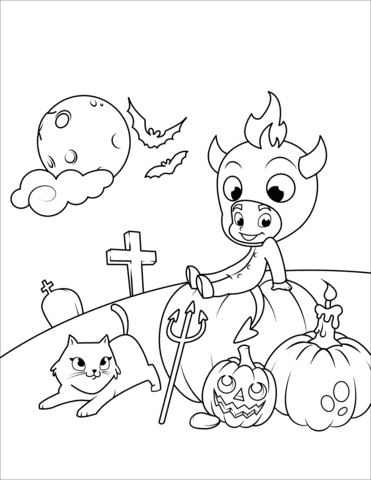 Cute Little Devil With A Cat And Pumpkins