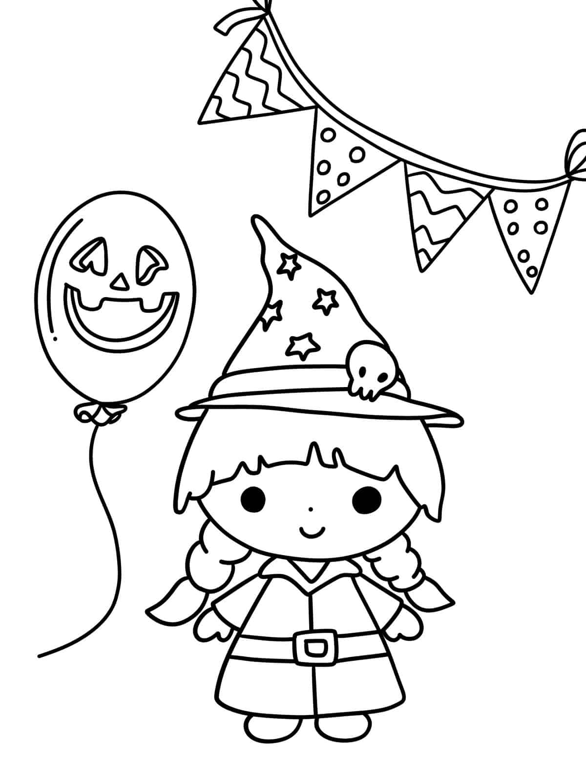 Cute Little Girl In A Witch Costume Coloring Page