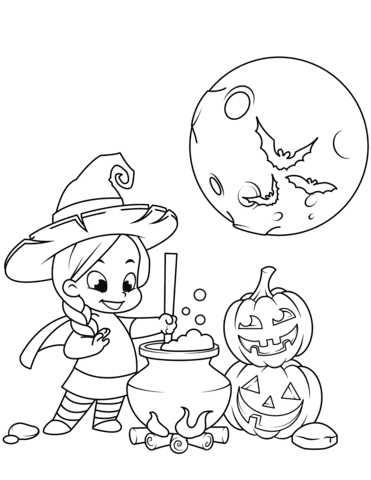Cute Little Witch Cooking A Potion In A Cauldron