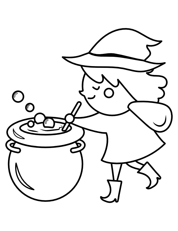 Cute Witch Stirring Cauldron For Children Coloring Page