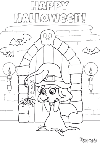 Cute Witch In Spooky House Coloring Page