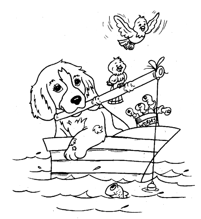 Dog Fishing For Children Coloring Page