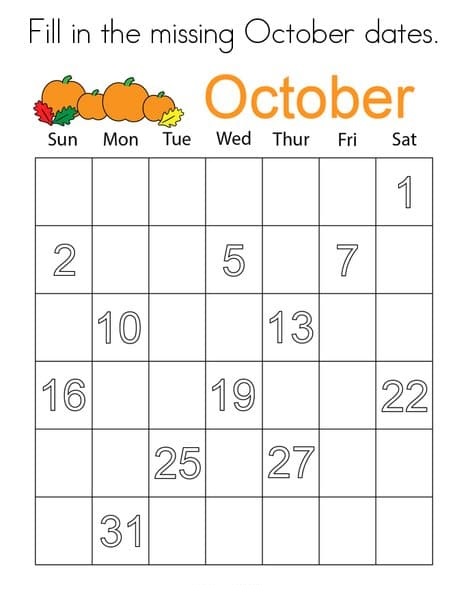 Fill In The Missing October Dates Image For Kids Coloring Page
