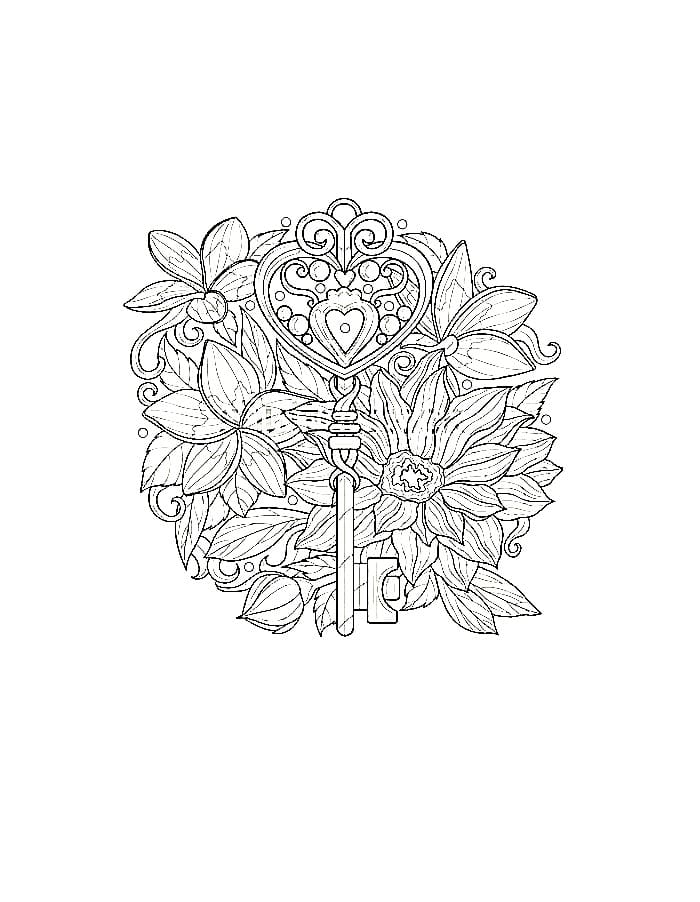 Flowers And Key Printable Coloring Page