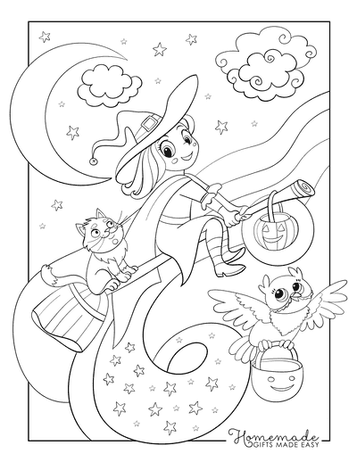 Flying Witch Cute Coloring Page