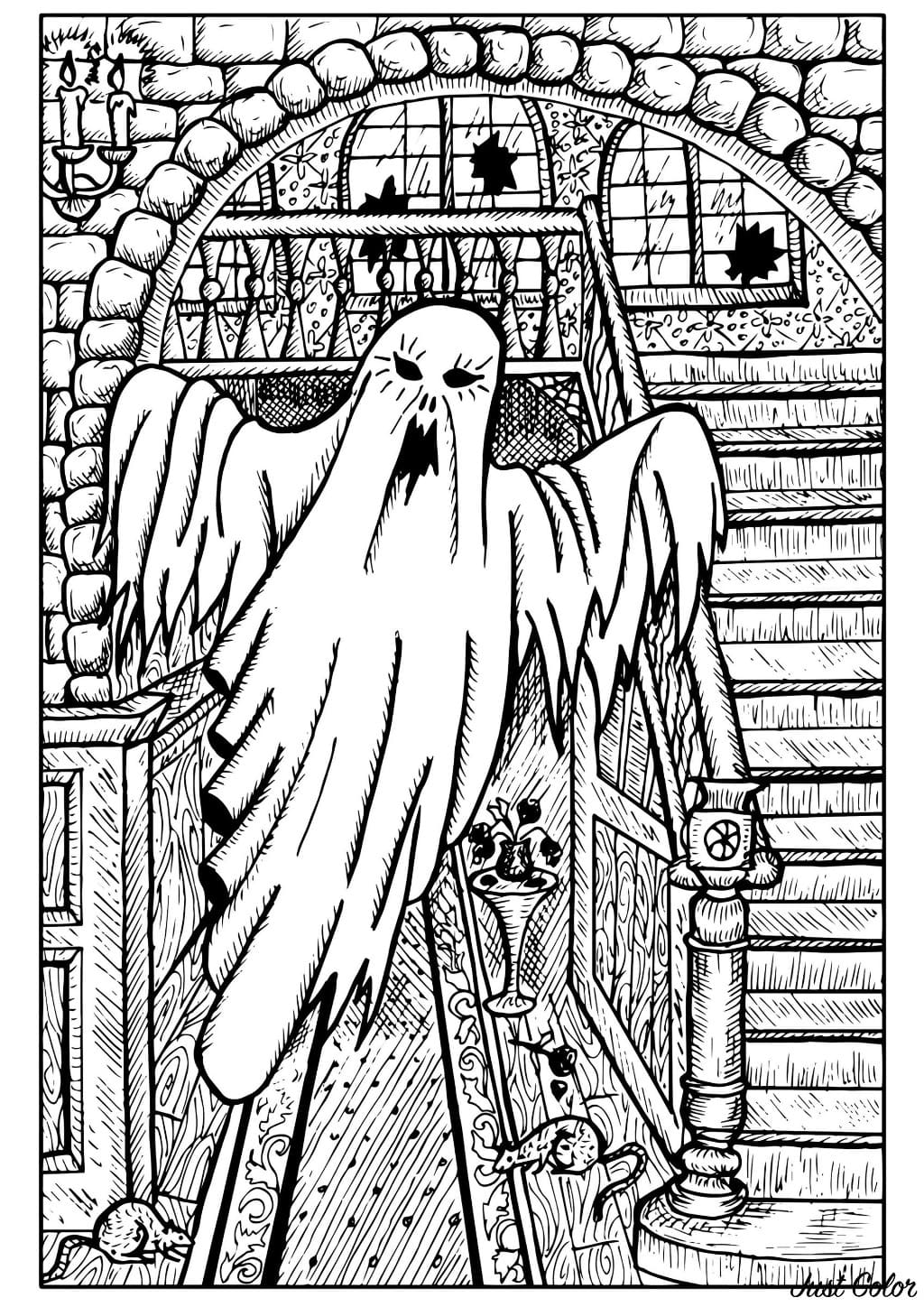 Ghost In A Haunted House Image Coloring Page
