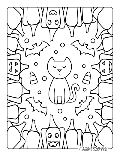 Halloween Cat, Bats, and Pumpkins Image For Children Coloring Page