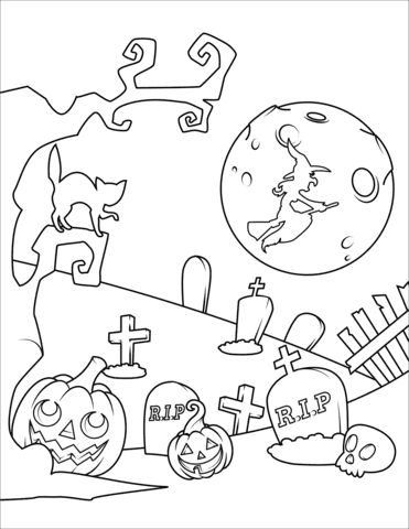 Halloween Cemetery with Jack O’Lanterns Coloring Page
