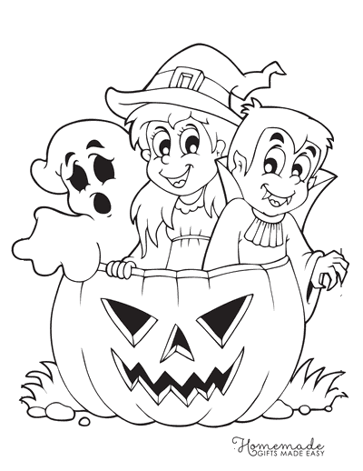 Halloween Characters In Carved Pumpkin Picture Coloring Page