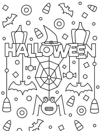 Halloween Coloring Sign with Spider, Bats, and Candy Coloring Page