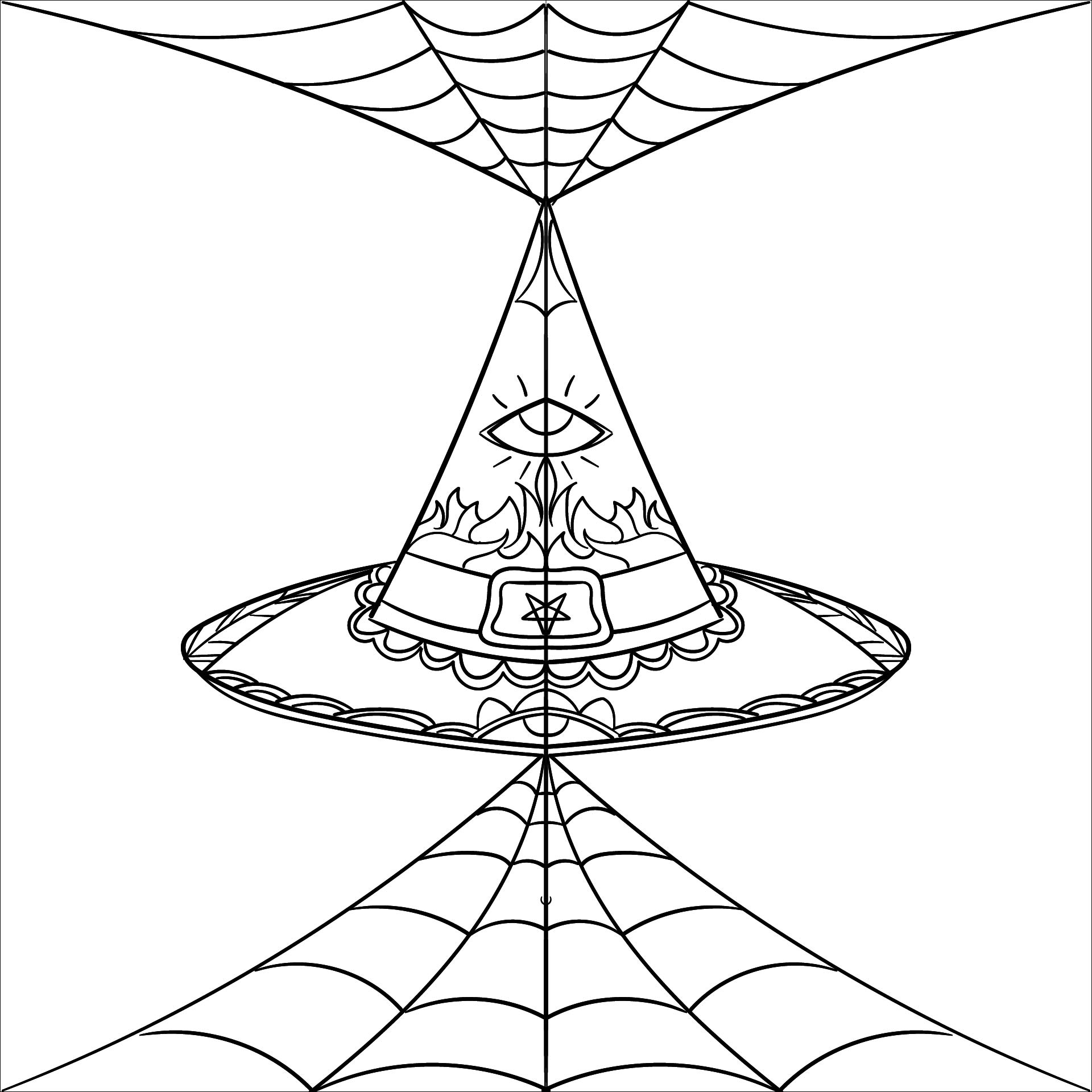 Halloween Mandala With Witch Hats And Spider Web Coloring Page