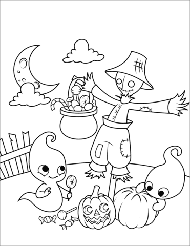 Halloween Scene With A Scarecrow And Cute Ghosts