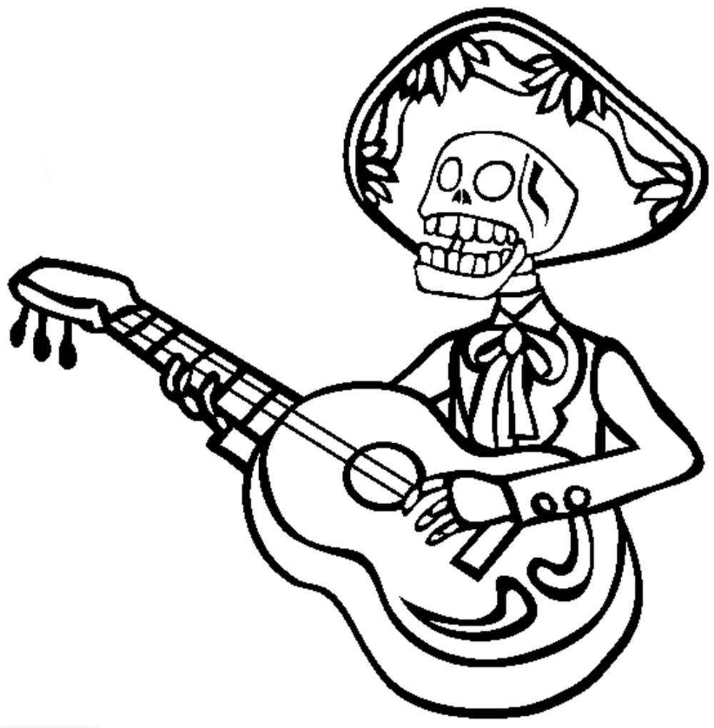 Halloween Skeleton Playing Guitar Coloring Page