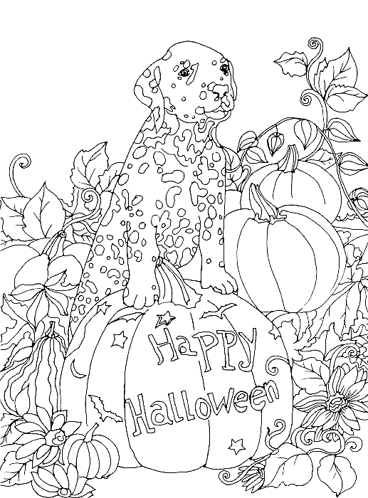 Happy Halloween Dog Greeting Card Coloring Page