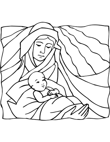 Mary Holding Baby Jesus For Kids Coloring Page