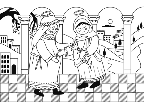 Mary Visits Elizabeth For Children Coloring Page
