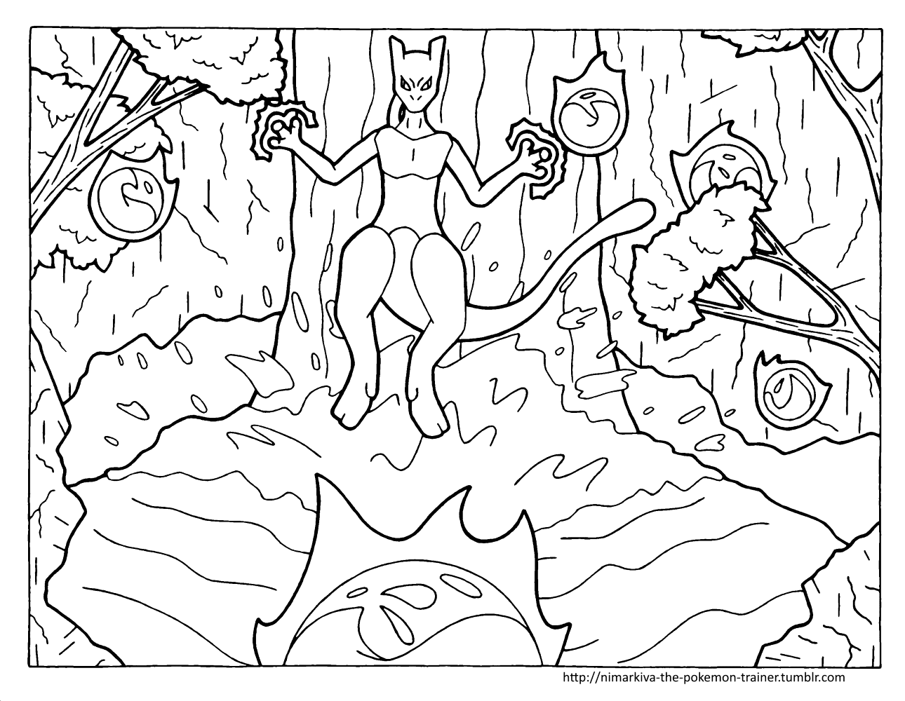 Mewtwo At The Waterfall Coloring Page