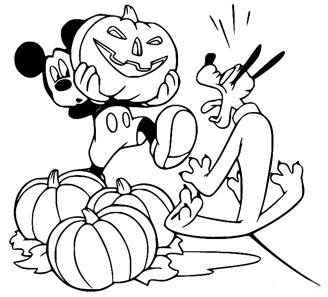 Mickey Holds a Jack O Lantern Scares Pluto Coloring Page