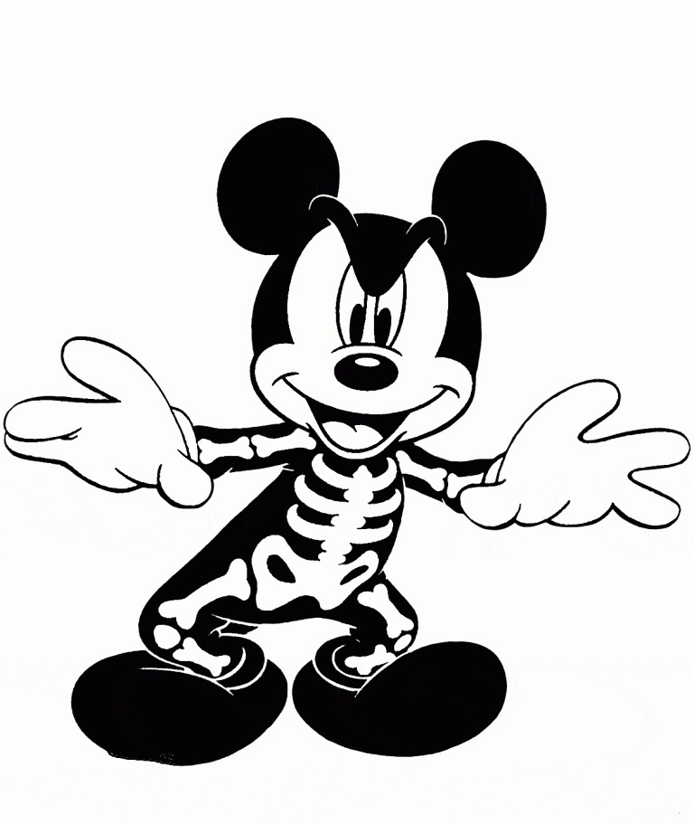 Mickey Mouse In Skeleton Costume Halloween Coloring Page