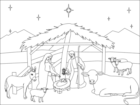 Nativity Scene And Stable Image For Kids Coloring Page