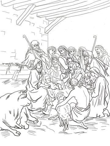 Nativity Scene With Holy Family, Shepherds and Animals Coloring Page