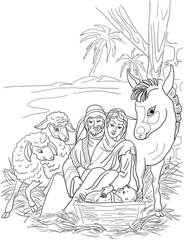 Nativity Scene with Holy Family And Animals Coloring Page