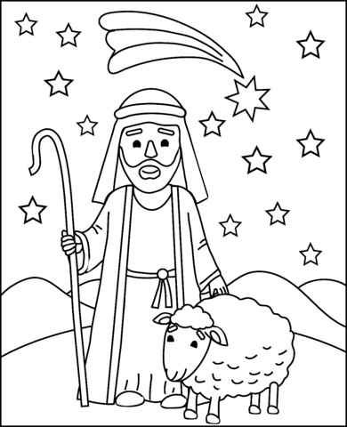 Shepherd With A Sheep Image For Kids Coloring Page
