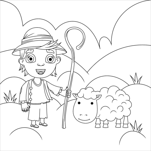 Shepherd With A Sheep Coloring Page