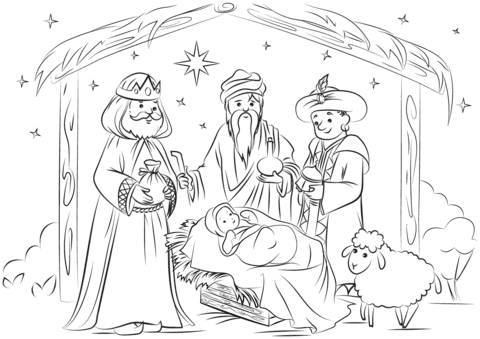 Three Kings Visit Baby Jesus Image For Children Coloring Page