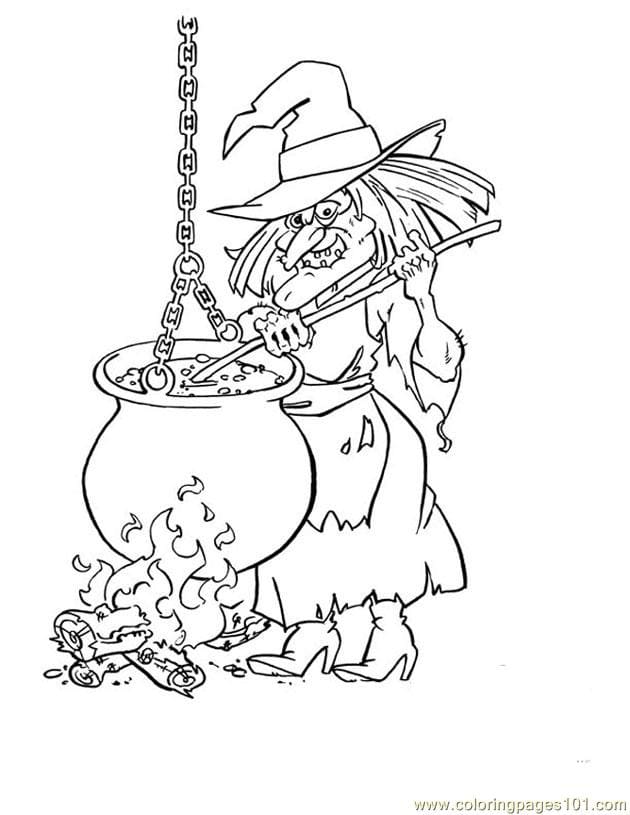 Witch And Her Cauldron Image For Children Coloring Page