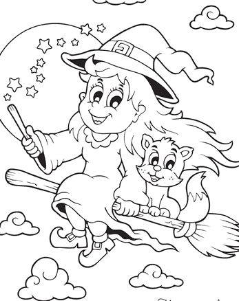 Witch & Cat On Broomstick Image For Kids