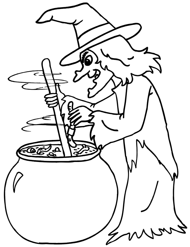 Witch Hat And Cauldron Printable For Kids Coloring Page