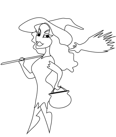 Witch With Broomstick And Cauldron For Kids