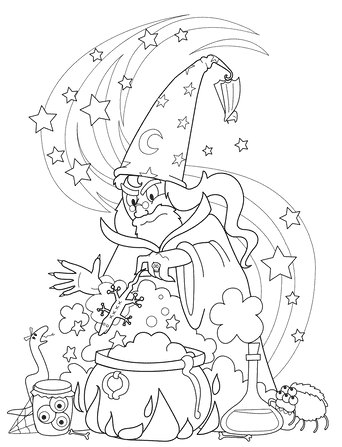 Wizard Brewing A Spell In A Cauldron Drawing