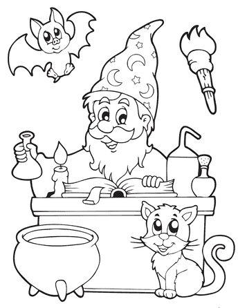 Wizard With Cute Cat And Bat Painting