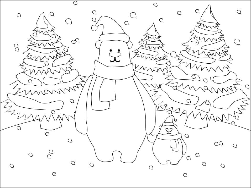 Adorable Christmas Polar Bears Image For Kids Coloring Page