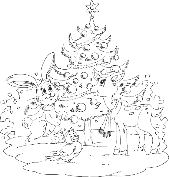 Animals Around Christmas Tree Coloring Page