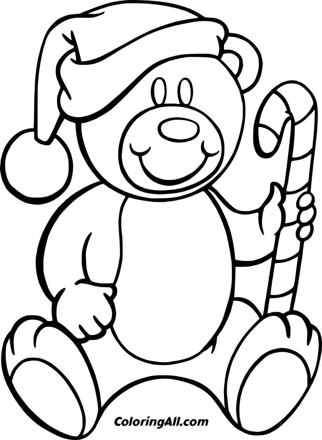 Bear In A Christmas Hat Holds A Candy Cane Coloring Page