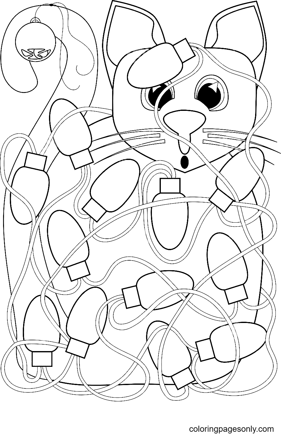 Cat Tangled In Christmas Lights Printable Coloring Page