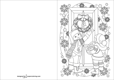 Children Decorating A Door With Christmas Wreath Card Image For Kids Coloring Page