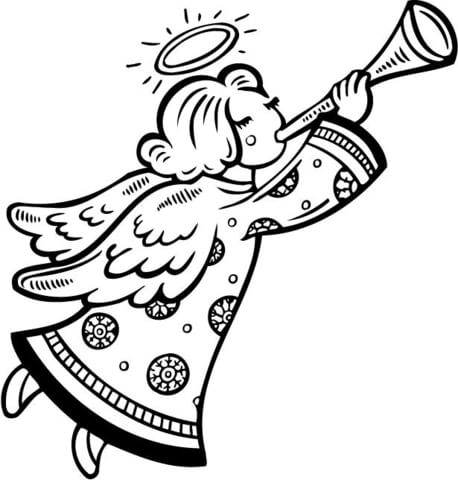 Christmas Angel Blows A Horn Coloring Page