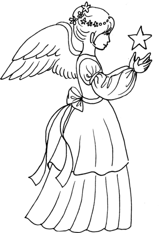 Christmas Angel Girl With Star Coloring Page